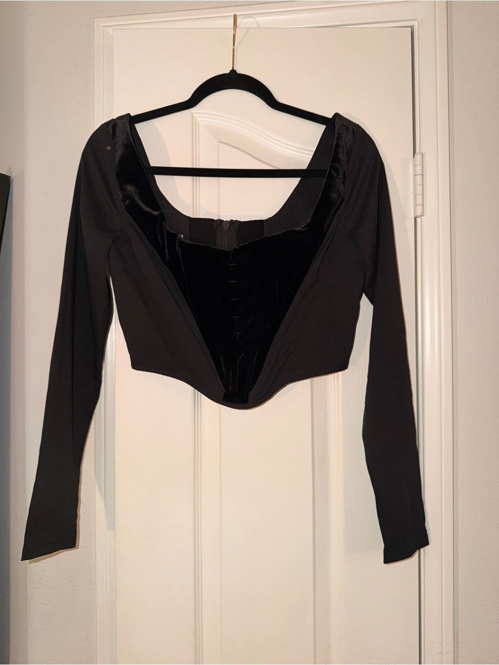 House of CB Black Long-Sleeve Velvet-Panel Corset Top